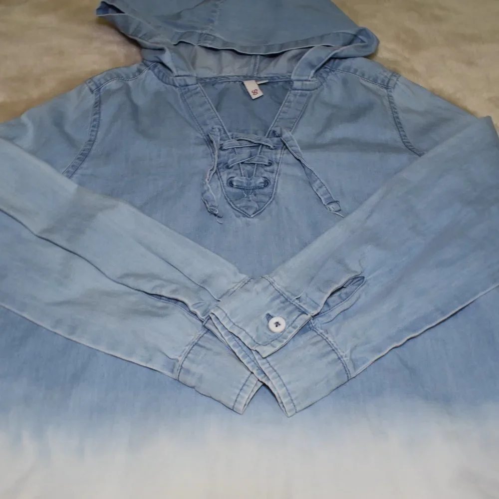 Girls Denim Hooded Shirt Dress Size 7 Long Sleeve
